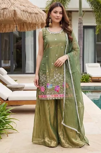 Mehendi embroidered beads work shimmer satin sharara salwar suit set with dupatta