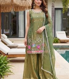 Mehendi embroidered beads work shimmer satin sharara salwar suit set with dupatta