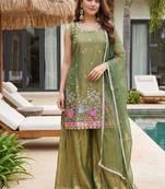 Mehendi embroidered beads work shimmer satin sharara salwar suit set with dupatta