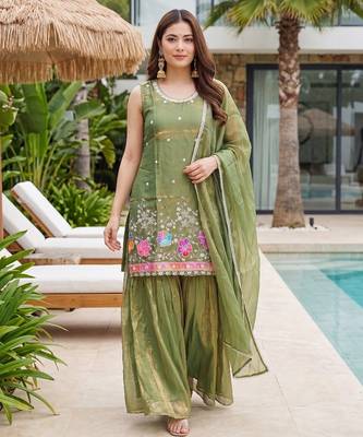 Mehendi embroidered beads work shimmer satin sharara salwar suit set with dupatta 2