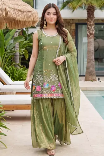 Mehendi embroidered beads work shimmer satin sharara salwar suit set with dupatta