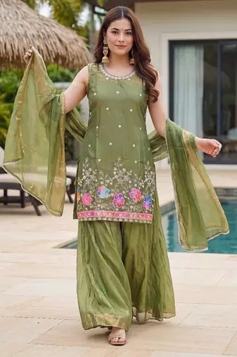 Mehendi embroidered beads work shimmer satin sharara salwar suit set with dupatta