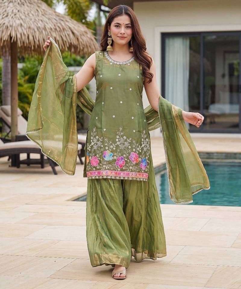 Mehendi embroidered beads work shimmer satin sharara salwar suit set with dupatta