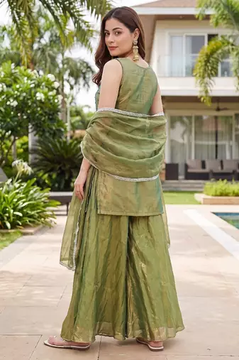 Mehendi embroidered beads work shimmer satin sharara salwar suit set with dupatta
