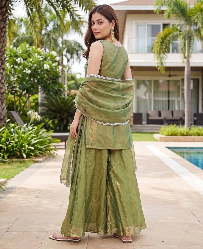 Mehendi embroidered beads work shimmer satin sharara salwar suit set with dupatta
