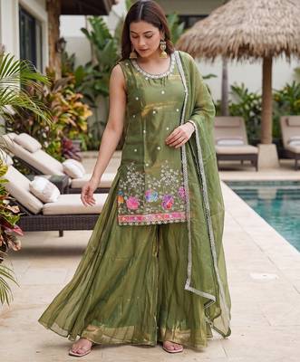 Mehendi embroidered beads work shimmer satin sharara salwar suit set with dupatta 5