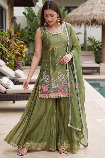 Mehendi embroidered beads work shimmer satin sharara salwar suit set with dupatta