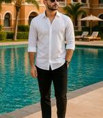 White color formal solid linen cotton rich looks shirt for men