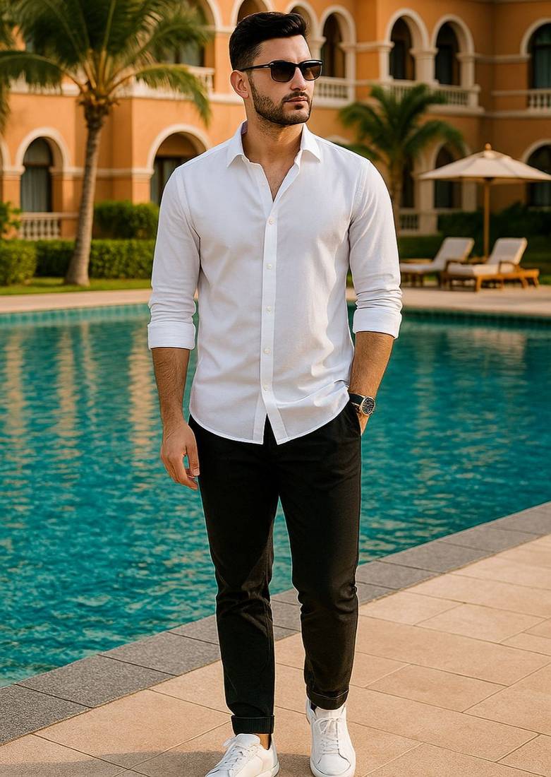 White color formal solid linen cotton rich looks shirt for men