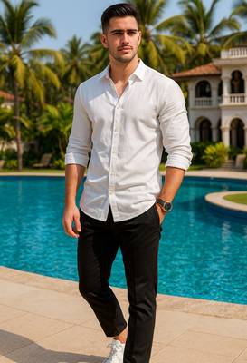 White color formal solid linen cotton rich looks shirt for men 4