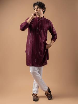 Wine color rayon fabric designer embroidered ethnic kurta payjama for men's traditional looks 1