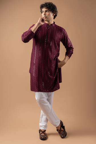 Wine color rayon fabric designer embroidered ethnic kurta payjama for men's traditional looks