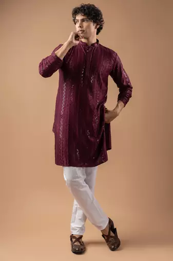 Wine color rayon fabric designer embroidered ethnic kurta payjama for men's traditional looks