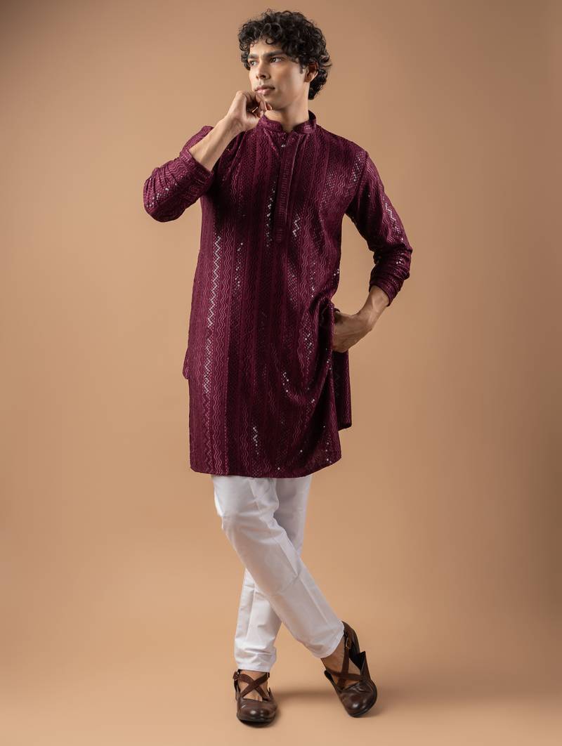 Wine color rayon fabric designer embroidered ethnic kurta payjama for men's traditional looks