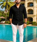 Black color formal solid linen cotton rich looks shirt for men