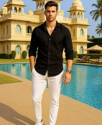 Black color formal solid linen cotton rich looks shirt for men 2