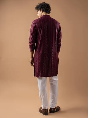 Wine color rayon fabric designer embroidered ethnic kurta payjama for men's traditional looks 2