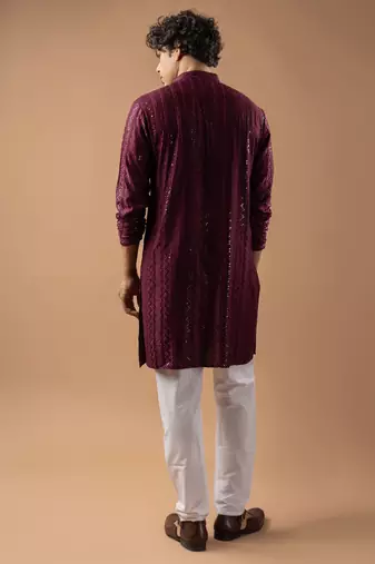 Wine color rayon fabric designer embroidered ethnic kurta payjama for men's traditional looks