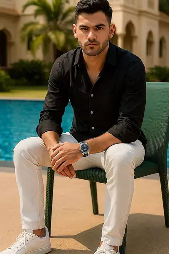 Black color formal solid linen cotton rich looks shirt for men