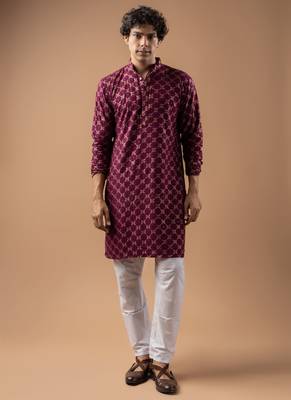 Wine color rayon fabric designer embroidered ethnic kurta payjama for men's traditional looks 1