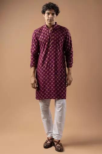 Wine color rayon fabric designer embroidered ethnic kurta payjama for men's traditional looks