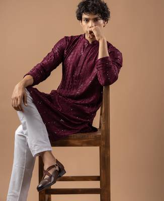 Wine color rayon fabric designer embroidered ethnic kurta payjama for men's traditional looks 3