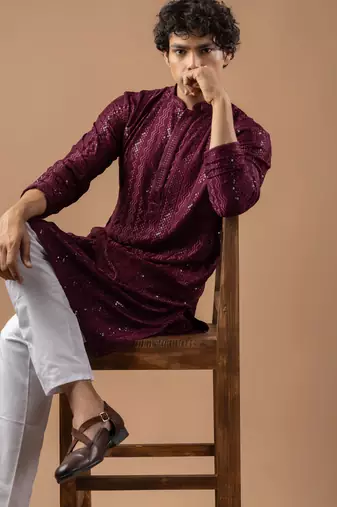 Wine color rayon fabric designer embroidered ethnic kurta payjama for men's traditional looks