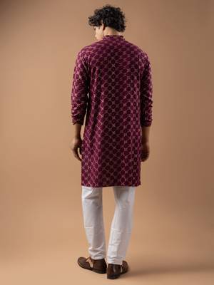 Wine color rayon fabric designer embroidered ethnic kurta payjama for men's traditional looks 2