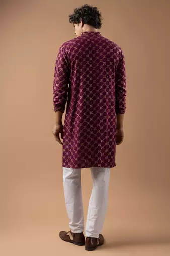 Wine color rayon fabric designer embroidered ethnic kurta payjama for men's traditional looks
