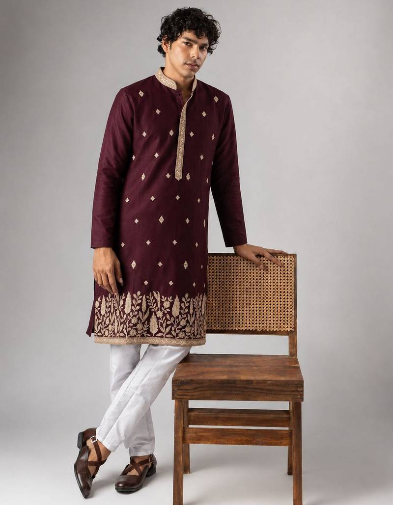 Smart and graceful wine color viscose silk men's ceremonial attire