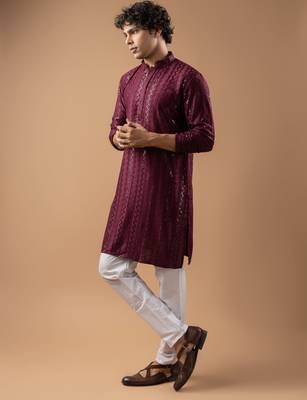 Wine color rayon fabric designer embroidered ethnic kurta payjama for men's traditional looks 4