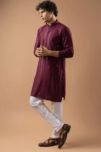 Wine color rayon fabric designer embroidered ethnic kurta payjama for men's traditional looks