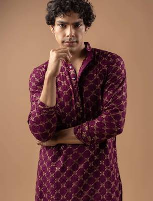 Wine color rayon fabric designer embroidered ethnic kurta payjama for men's traditional looks 3