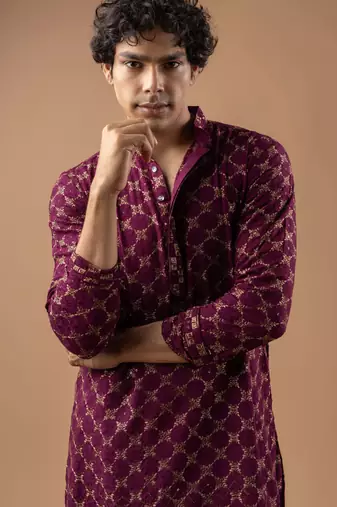 Wine color rayon fabric designer embroidered ethnic kurta payjama for men's traditional looks