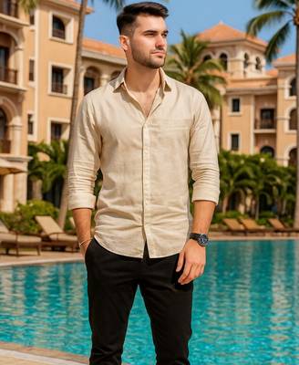 Brown color formal solid linen cotton rich looks shirt for men 3