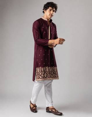 Smart and graceful wine color viscose silk men's ceremonial attire 3