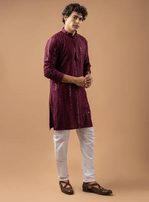 Wine color rayon fabric designer embroidered ethnic kurta payjama for men's traditional looks 5
