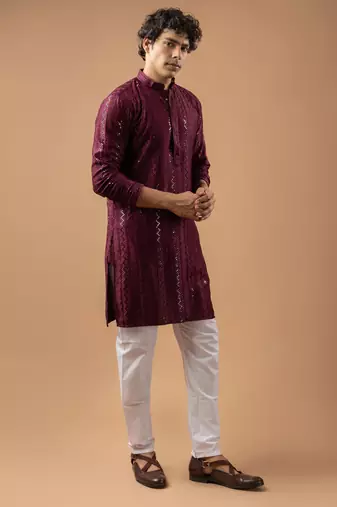 Wine color rayon fabric designer embroidered ethnic kurta payjama for men's traditional looks