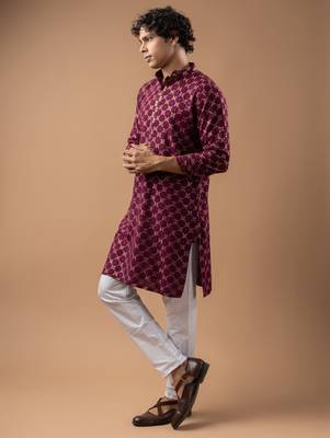 Wine color rayon fabric designer embroidered ethnic kurta payjama for men's traditional looks 4