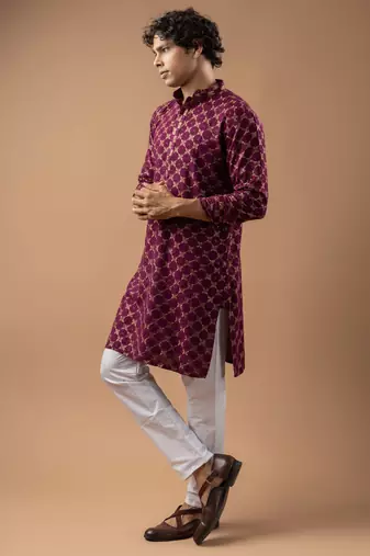 Wine color rayon fabric designer embroidered ethnic kurta payjama for men's traditional looks