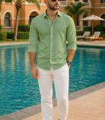 Green color formal solid linen cotton rich looks shirt for men