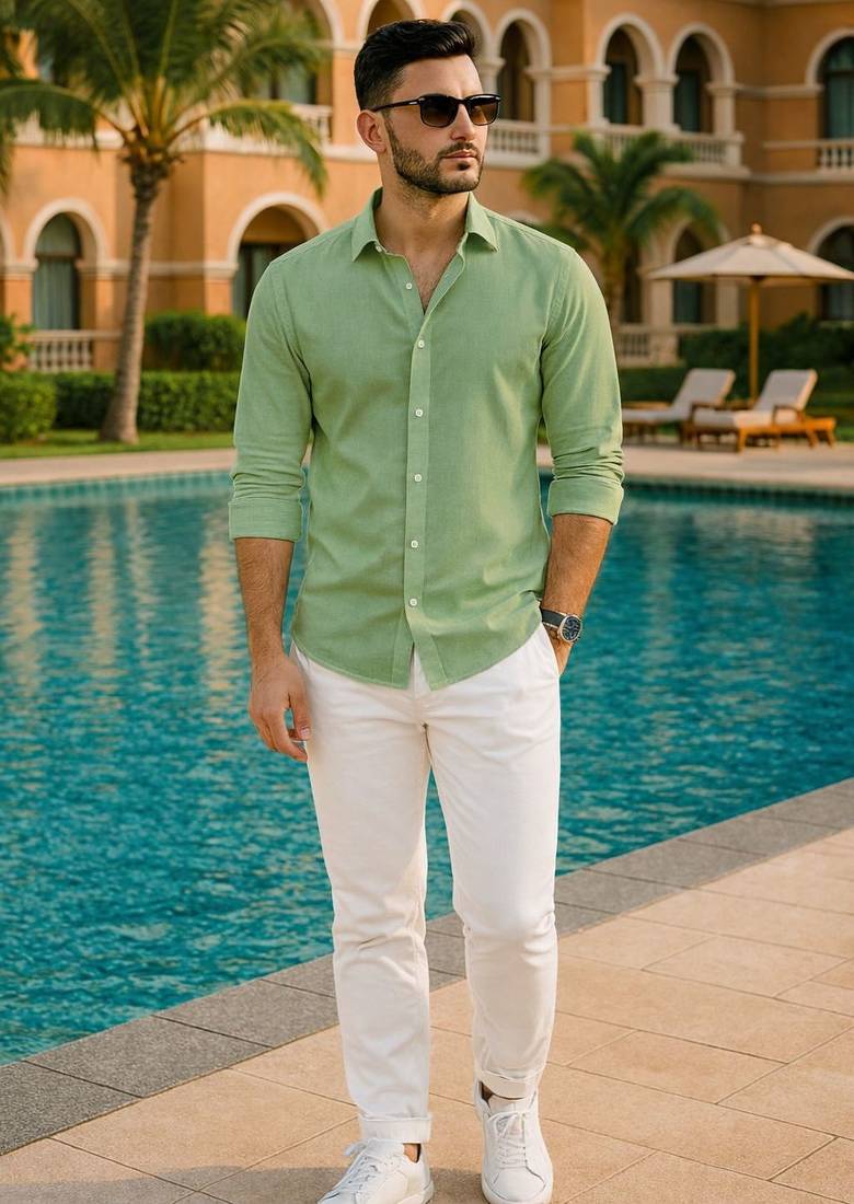 Green color formal solid linen cotton rich looks shirt for men