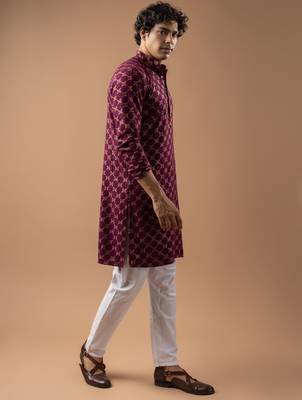Wine color rayon fabric designer embroidered ethnic kurta payjama for men's traditional looks 5