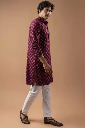 Wine color rayon fabric designer embroidered ethnic kurta payjama for men's traditional looks