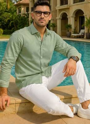 Green color formal solid linen cotton rich looks shirt for men 3