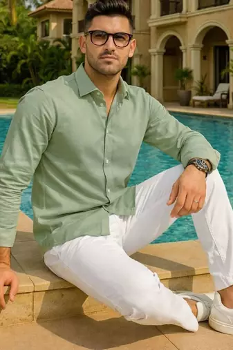 Green color formal solid linen cotton rich looks shirt for men