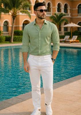 Green color formal solid linen cotton rich looks shirt for men 4