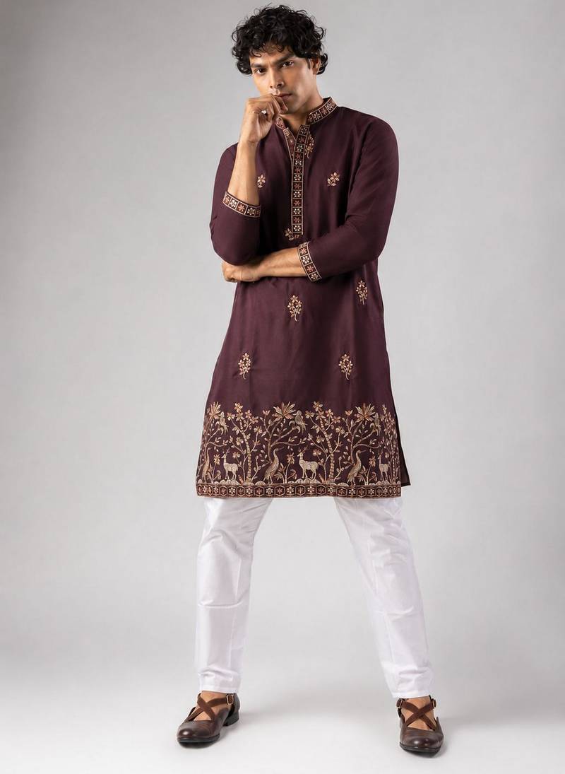 Smart and graceful wine color viscose silk men's ceremonial attire
