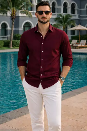 Maroon color formal solid linen cotton rich looks shirt for men