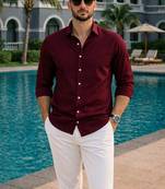 Maroon color formal solid linen cotton rich looks shirt for men